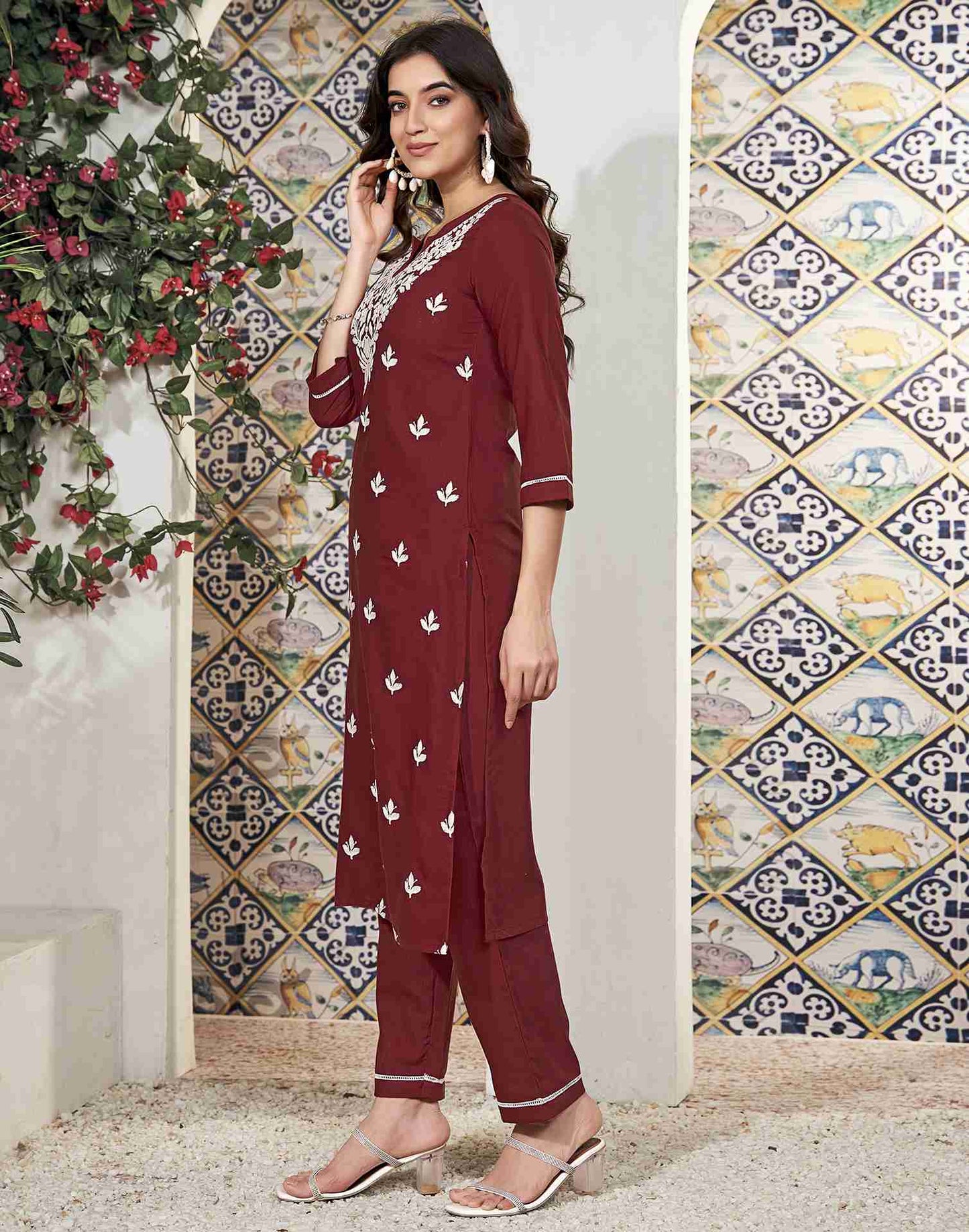 Maroon Embroidery Cotton Straight Kurta Set With Dupatta