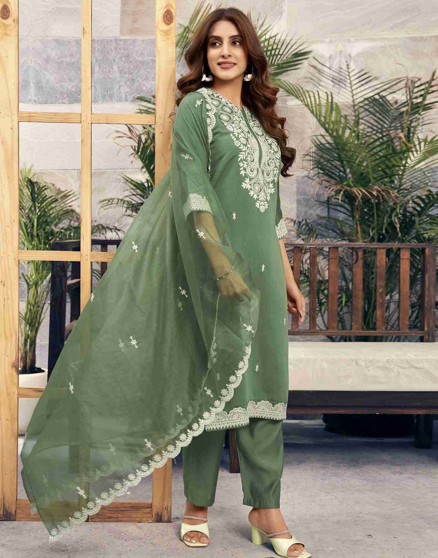 Dusty Green Embroidery Silk Straight Kurta Set With Dupatta