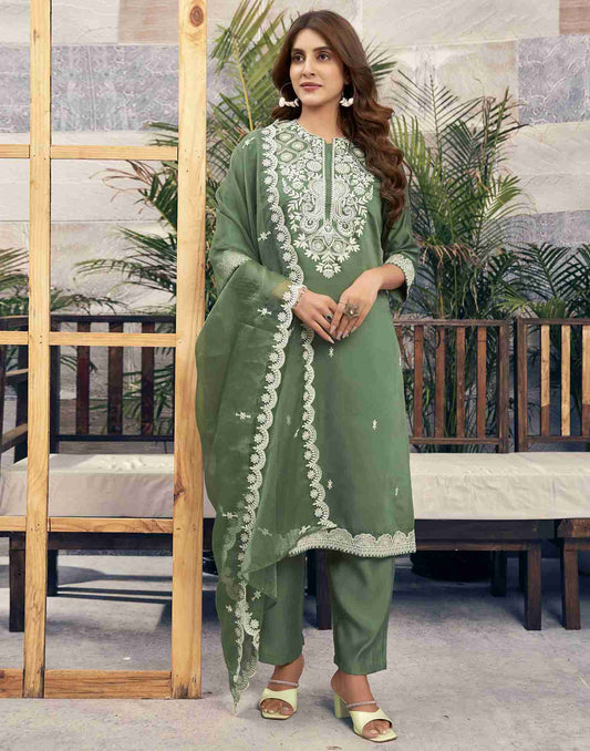 Dusty Green Embroidery Silk Straight Kurta Set With Dupatta