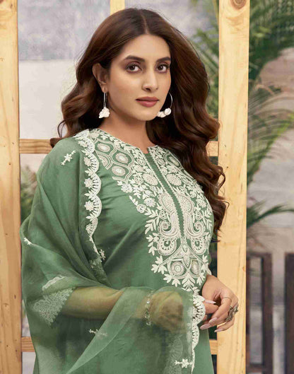 Dusty Green Embroidery Silk Straight Kurta Set With Dupatta