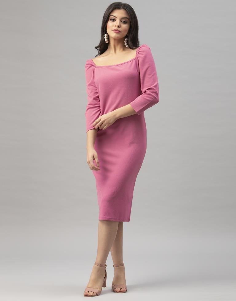 Exuberant Pink Coloured Knitted Lycra Bodycon | Sudathi
