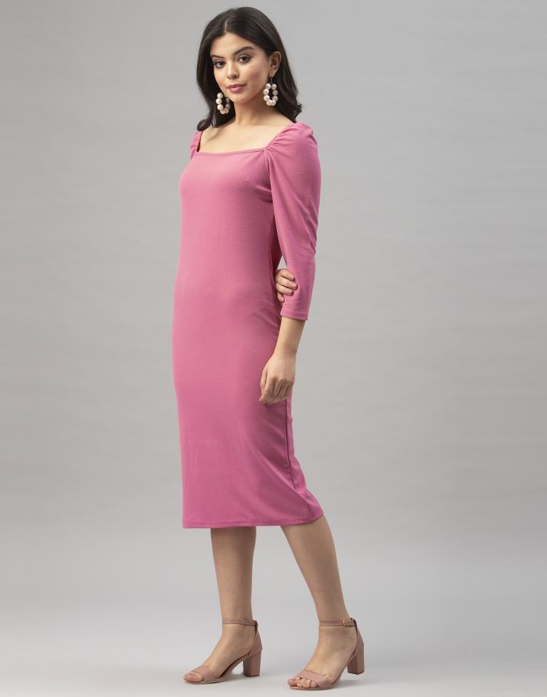 Exuberant Pink Coloured Knitted Lycra Bodycon | Sudathi