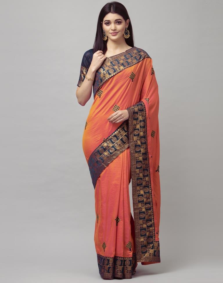 Orange Coloured Poly Silk Embroidered Jacquard Partywear saree | Sudathi