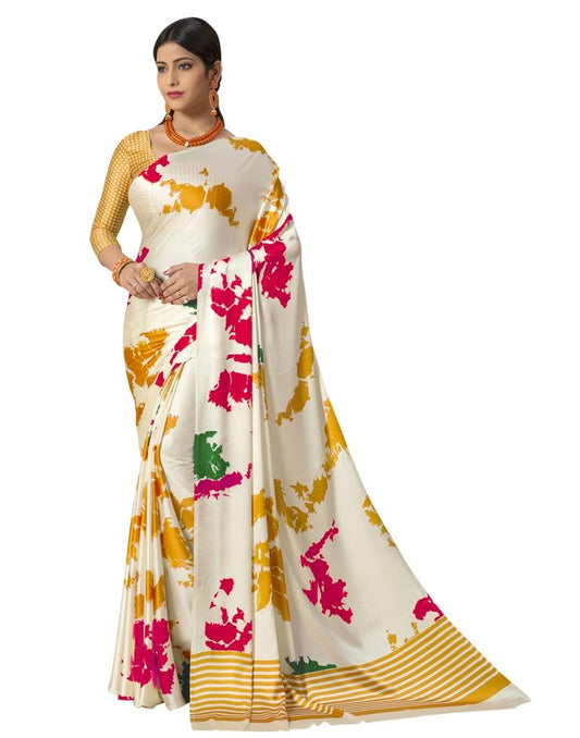 White Coloured Satin Silk Printed Partywear saree | Sudathi