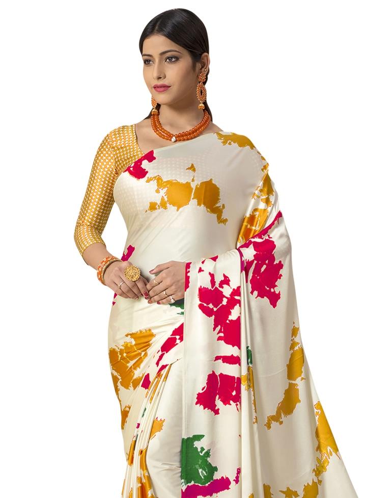 White Coloured Satin Silk Printed Partywear saree | Sudathi