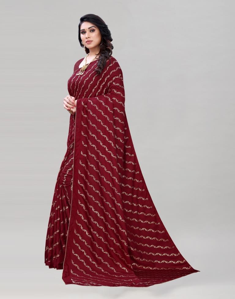 Maroon Coloured Poly Silk Foil Printed Saree | Sudathi