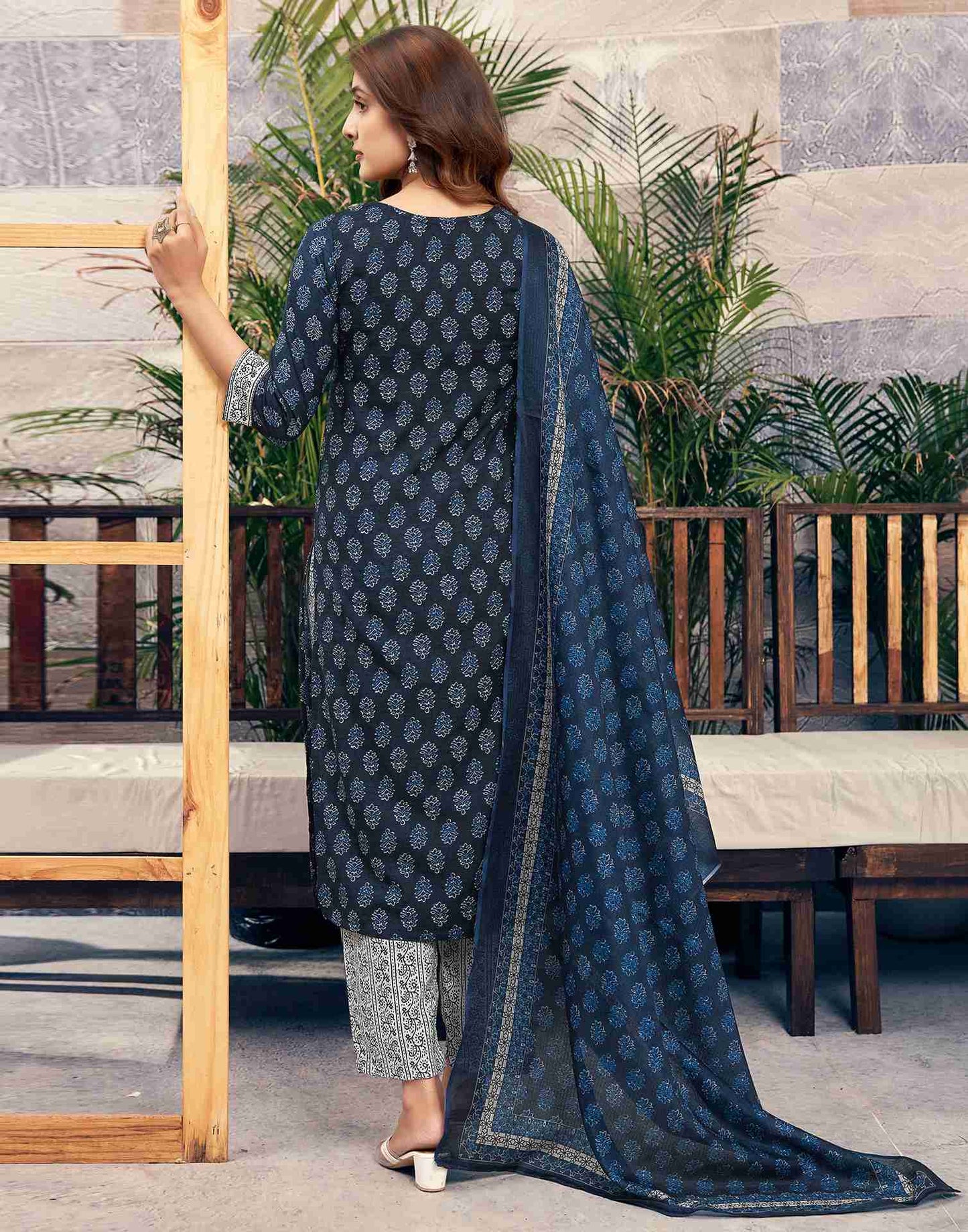 Navy Blue Printed Cotton Straight Kurta Set With Dupatta