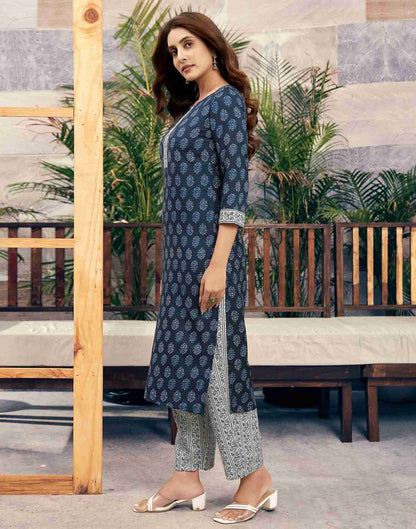 Navy Blue Printed Cotton Straight Kurta Set With Dupatta