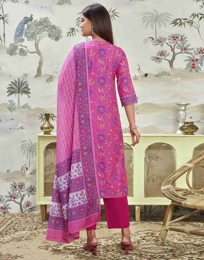 Hot Pink Printed Rayon A-Line  Kurta Set With Dupatta