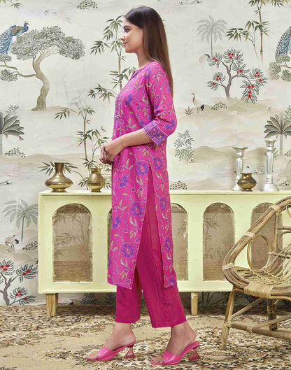 Hot Pink Printed Rayon A-Line  Kurta Set With Dupatta