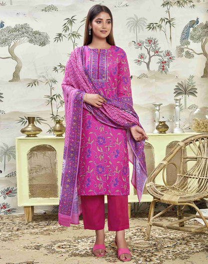 Hot Pink Printed Rayon A-Line  Kurta Set With Dupatta