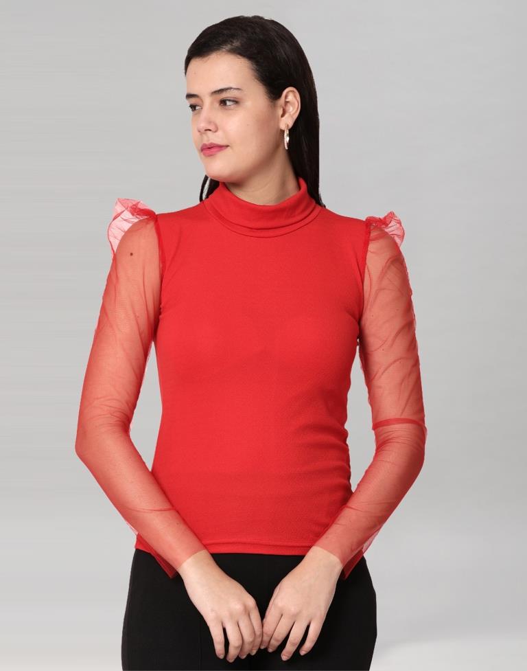 Red coloured Knitted Lycra Top | Leemboodi