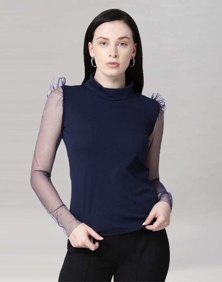 Navy Blue coloured Knitted Lycra Top | Sudathi