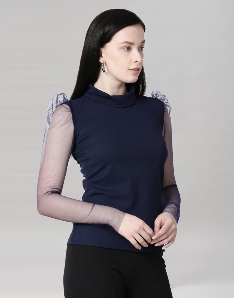Navy Blue coloured Knitted Lycra Top | Sudathi