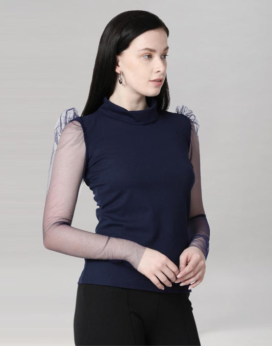 Navy Blue coloured Knitted Lycra Top | Sudathi
