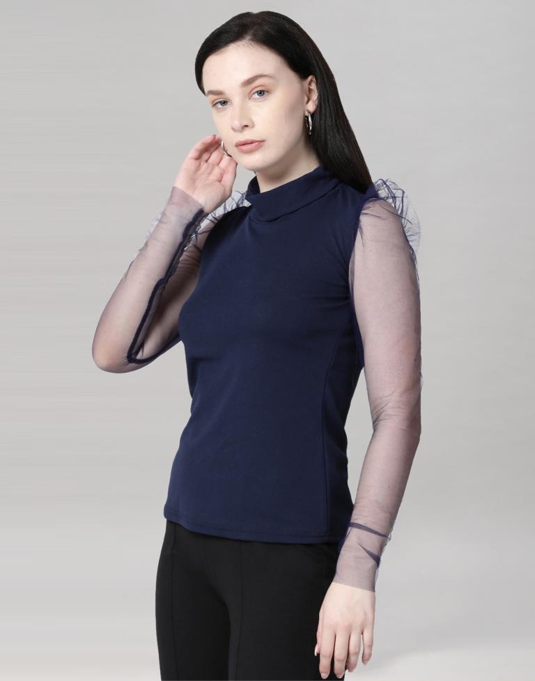 Navy Blue coloured Knitted Lycra Top | Sudathi