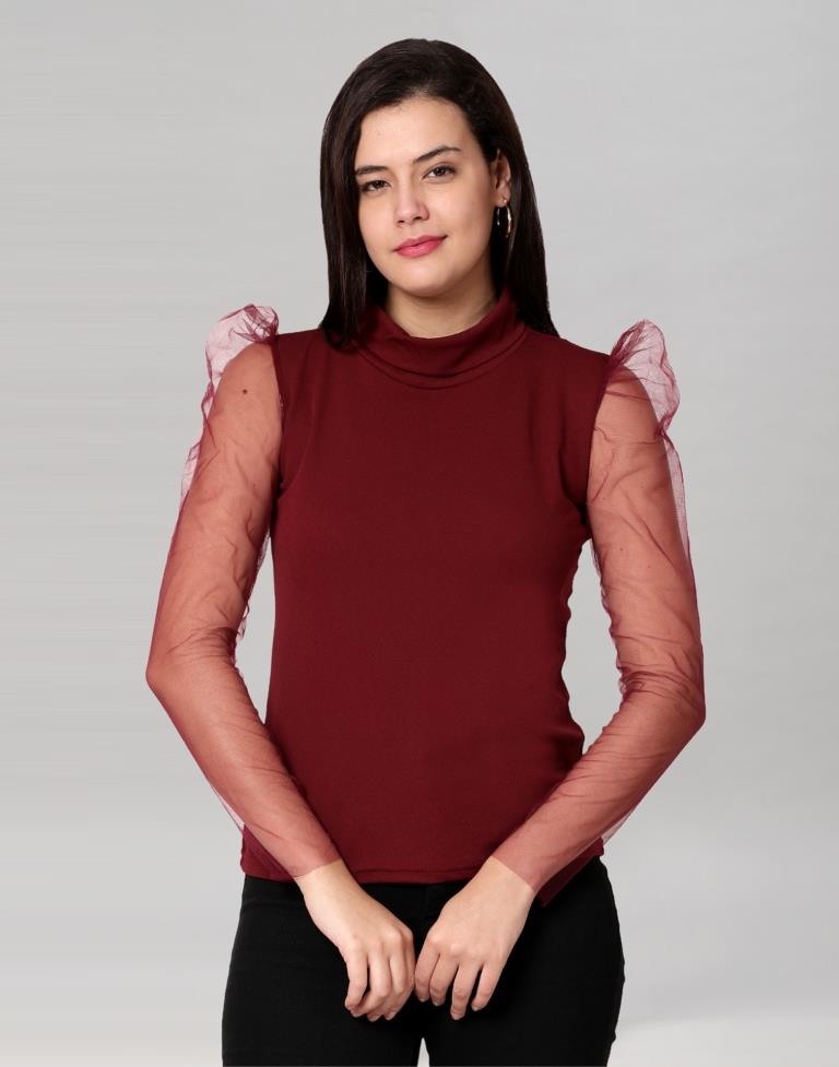 Maroon coloured Knitted Lycra Top | Sudathi