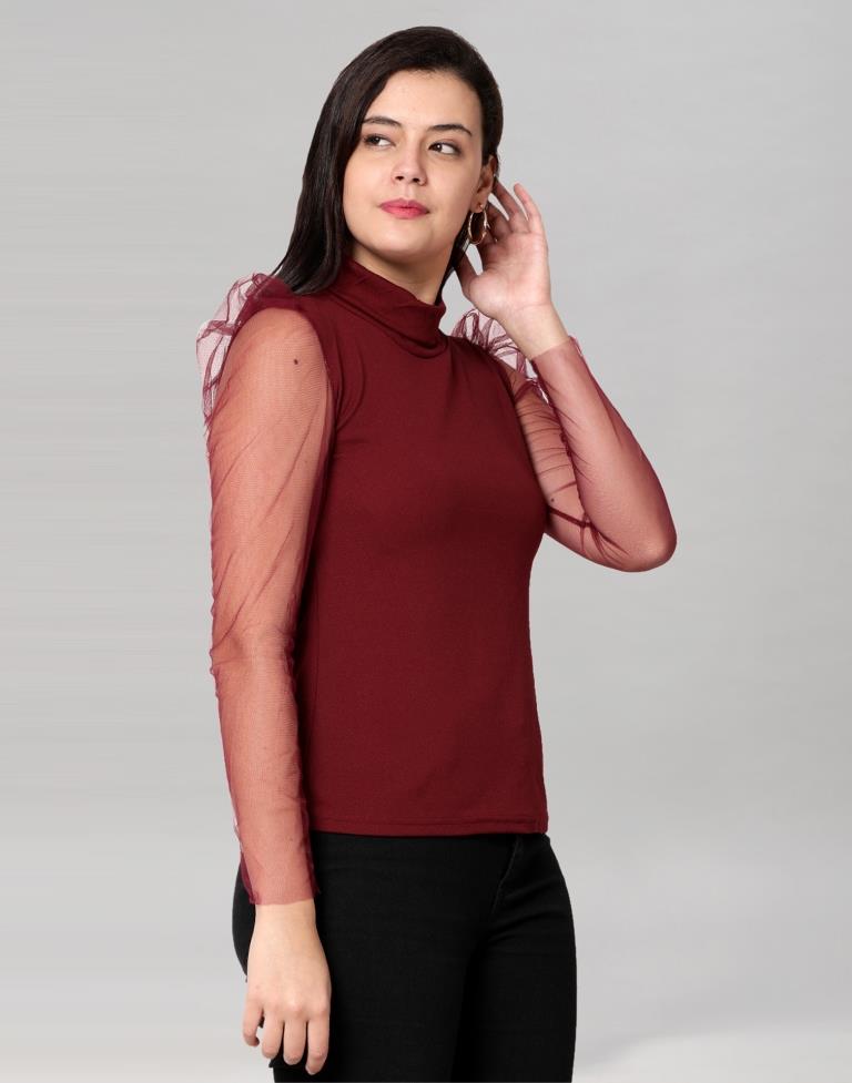 Maroon coloured Knitted Lycra Top | Sudathi