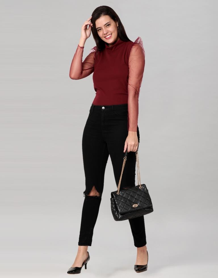 Maroon coloured Knitted Lycra Top | Sudathi
