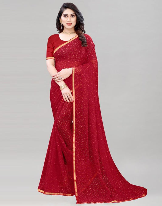 Red Coloured Printed Chiffon Saree | Sudathi