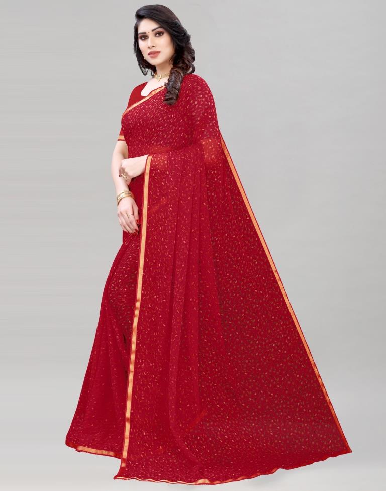 Red Coloured Printed Chiffon Saree | Sudathi