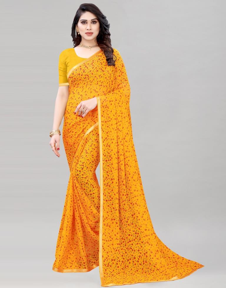 Mustard Coloured Printed Chiffon Saree | Sudathi