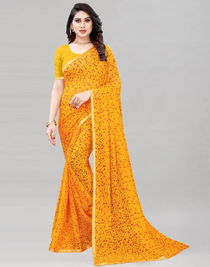 Mustard Coloured Printed Chiffon Saree | Sudathi