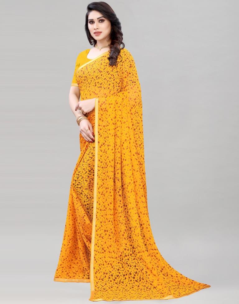 Mustard Coloured Printed Chiffon Saree | Sudathi