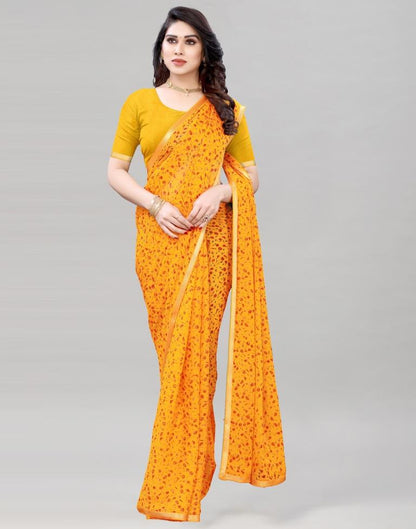Mustard Coloured Printed Chiffon Saree | Sudathi