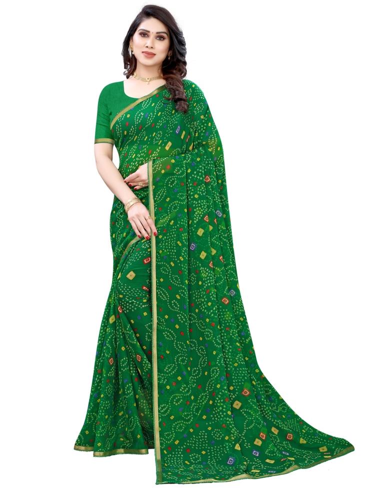Green Coloured Chiffon Bandhani Printed Casual saree | Sudathi