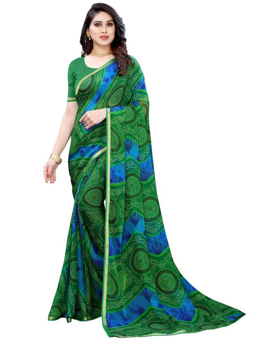 Green Coloured Chiffon Bandhani Printed Casual saree | Sudathi