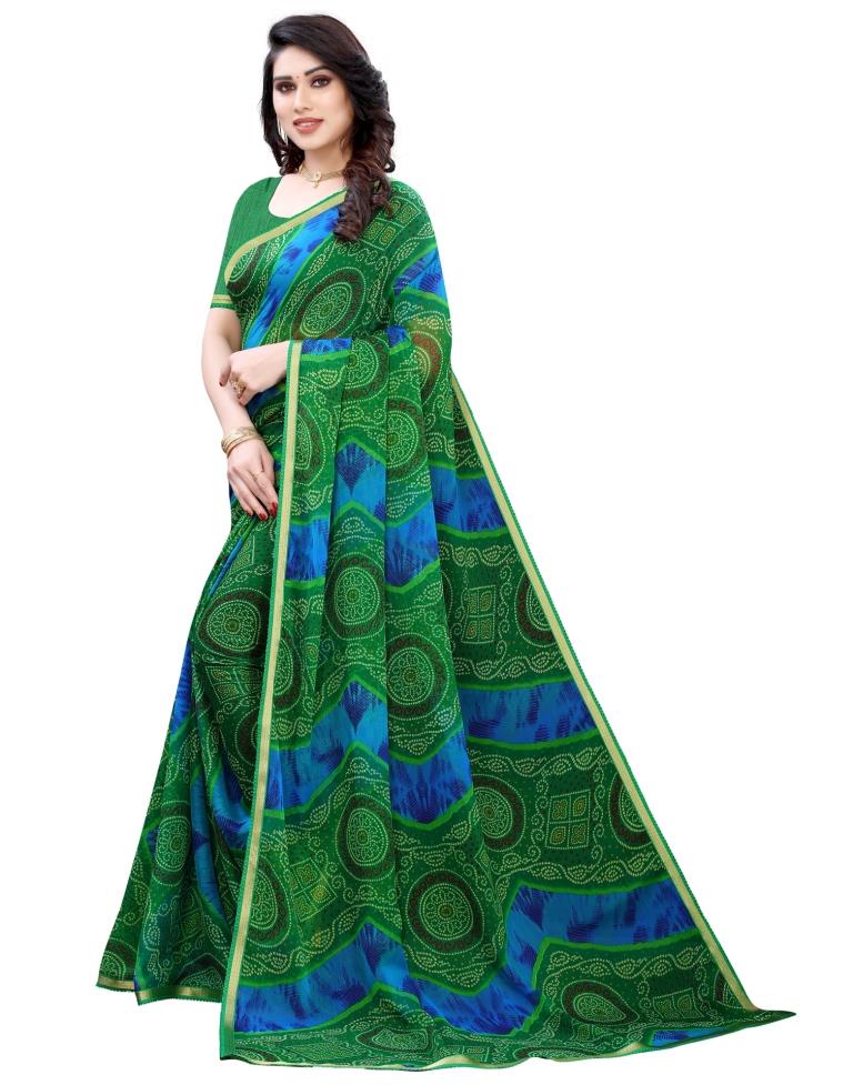 Green Coloured Chiffon Bandhani Printed Casual saree | Sudathi