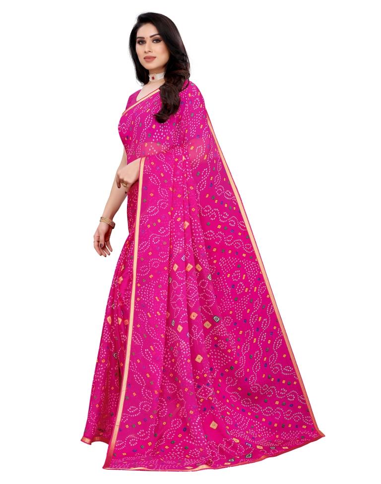 Hot Pink Coloured Chiffon Bandhani Printed Casual saree | Sudathi