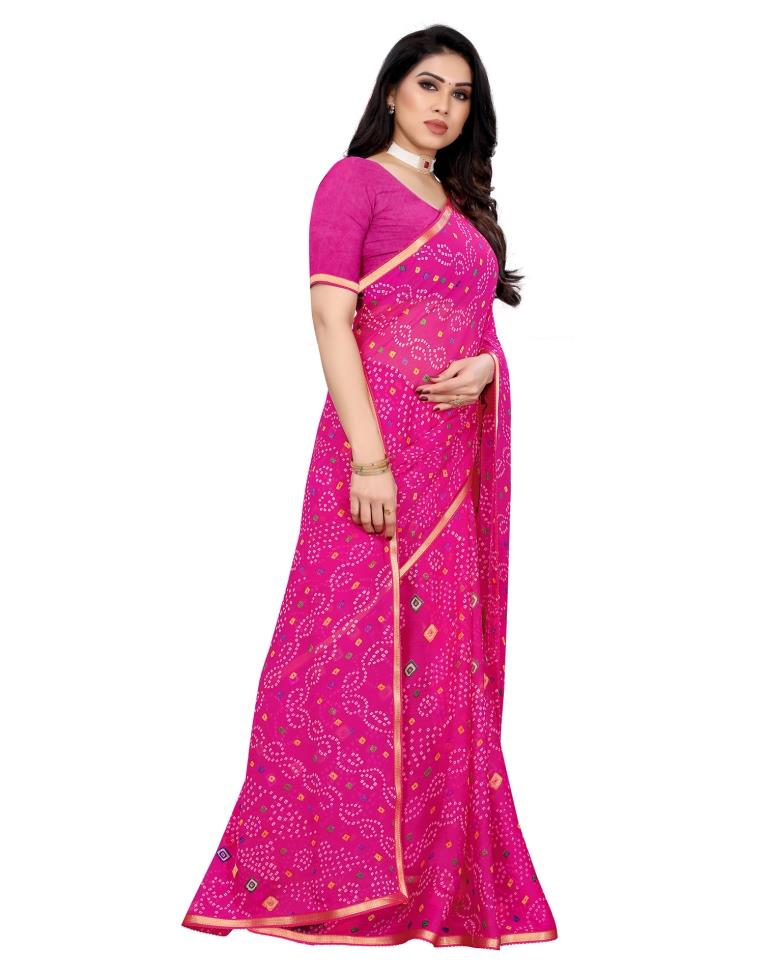 Hot Pink Coloured Chiffon Bandhani Printed Casual saree | Sudathi