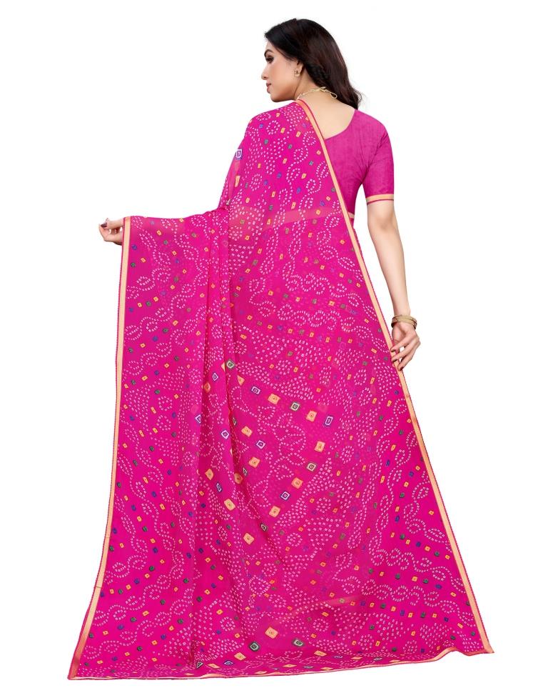 Hot Pink Coloured Chiffon Bandhani Printed Casual saree | Sudathi