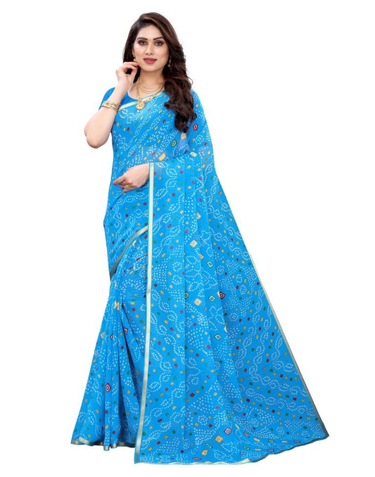 Sky Blue Coloured Chiffon Bandhani Printed Casual saree | Sudathi