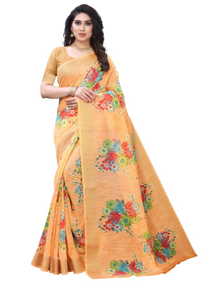 Light Orange Printed Cotton Saree