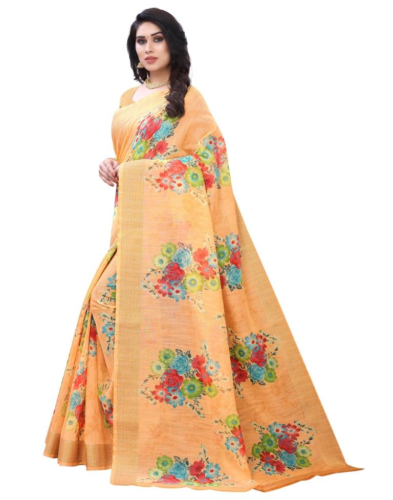 Light Orange Printed Cotton Saree