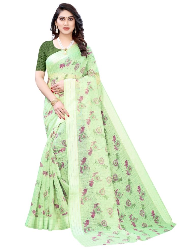 Pista Green Woven Cotton Plain Saree | Sudathi