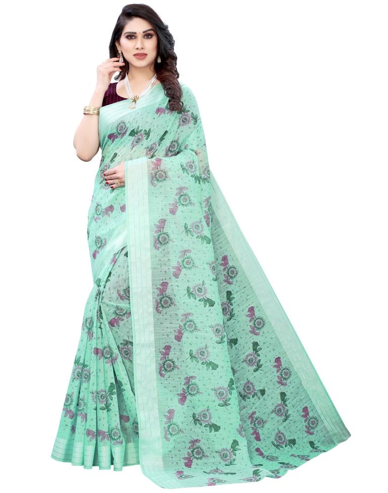 Light Pine Green Woven Cotton Plain Saree | Sudathi