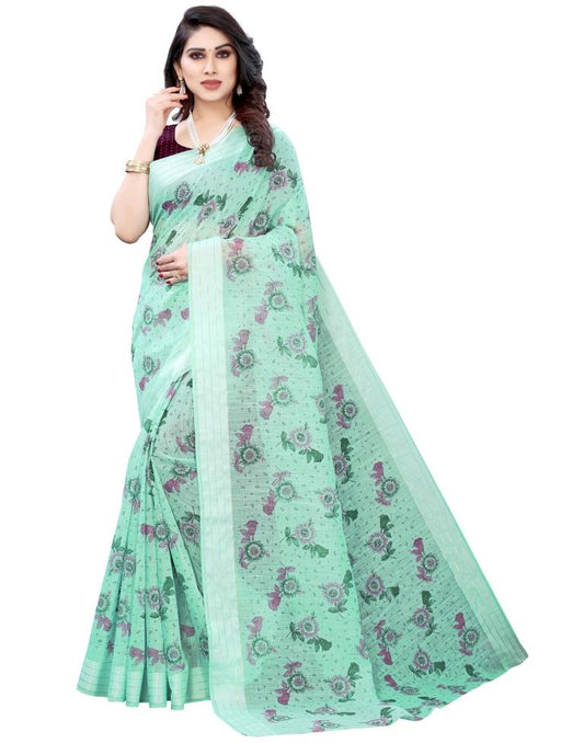 Light Pine Green Woven Cotton Plain Saree | Sudathi