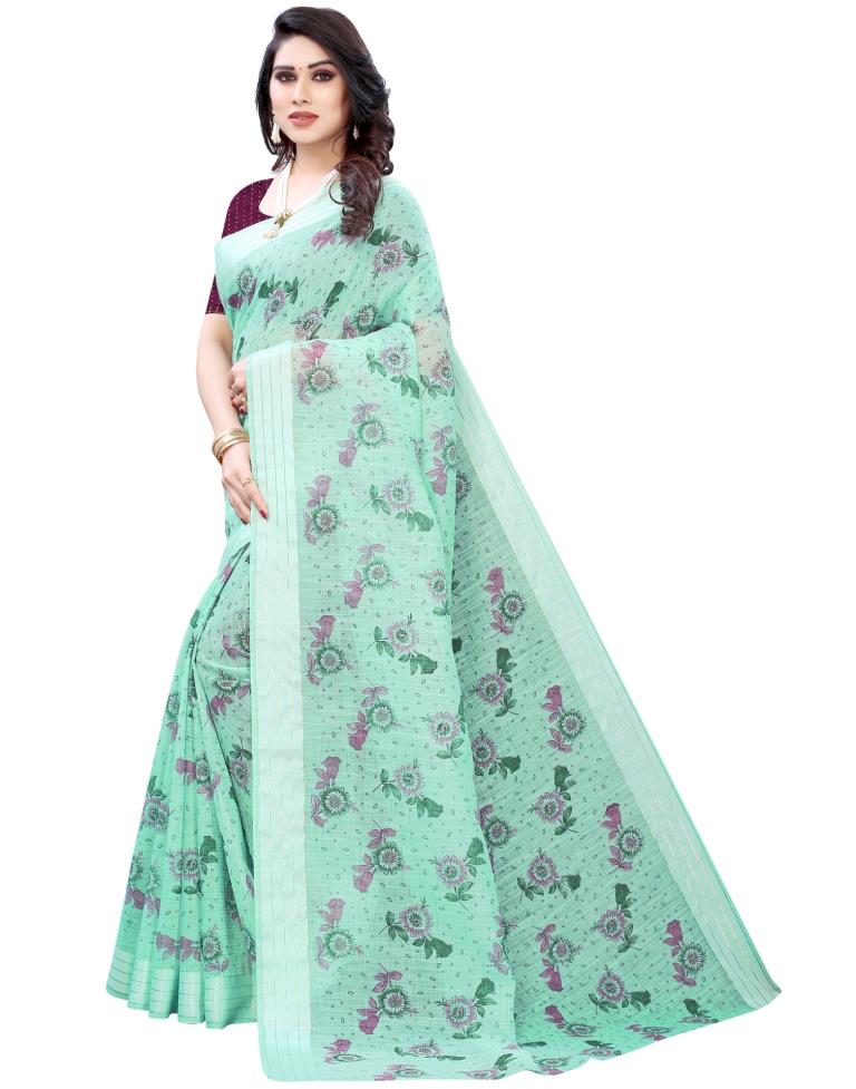 Light Pine Green Woven Cotton Plain Saree | Sudathi
