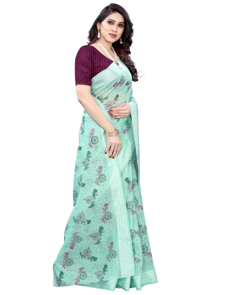 Light Pine Green Woven Cotton Plain Saree | Sudathi