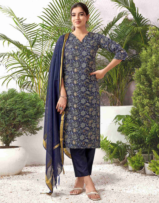 Navy Blue And Multicoloured Cotton Printed Straight Kurta Set With Dupatta