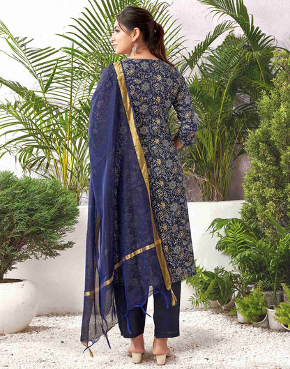 Navy Blue And Multicoloured Cotton Printed Straight Kurta Set With Dupatta