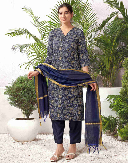 Navy Blue And Multicoloured Cotton Printed Straight Kurta Set With Dupatta