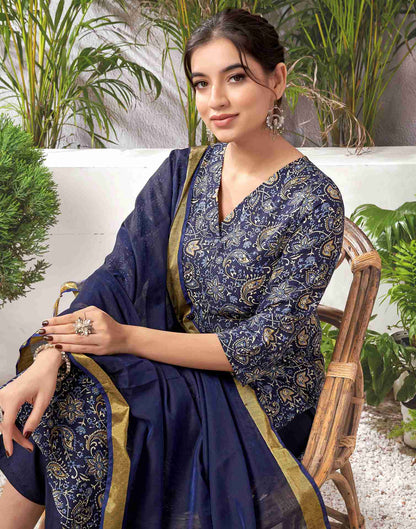 Navy Blue And Multicoloured Cotton Printed Straight Kurta Set With Dupatta