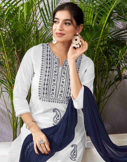 White Cotton Embroidery Straight Kurta Set With Dupatta