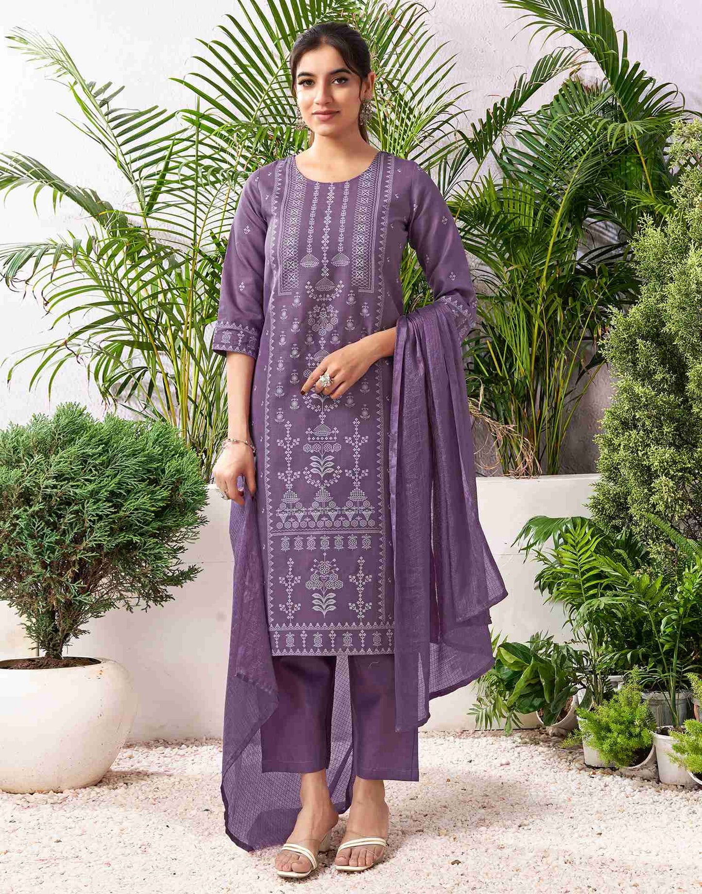 Dusty Lavender Cotton Printed Straight Kurta Set With Dupatta