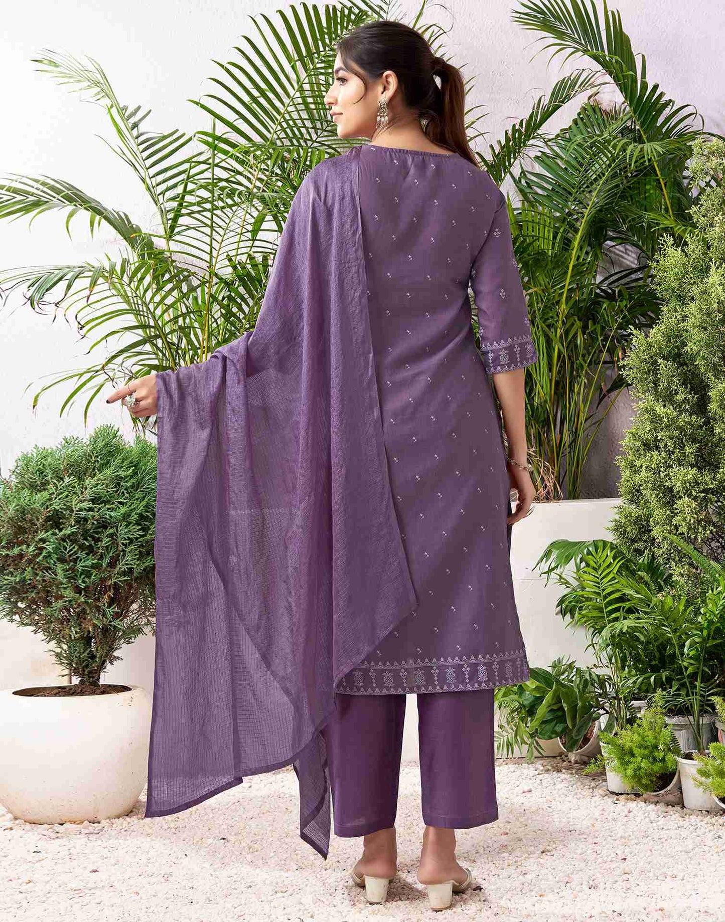 Dusty Lavender Cotton Printed Straight Kurta Set With Dupatta